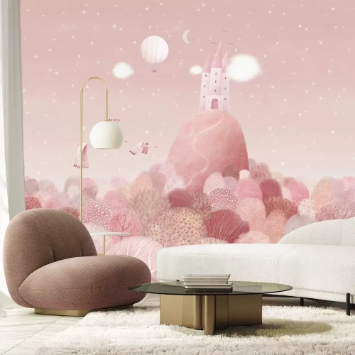 Fotobehang Kasteel op een heuvel roze sprookjeslandschap