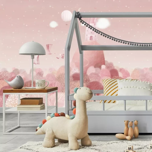 Fotobehang Kasteel op een heuvel roze sprookjeslandschap