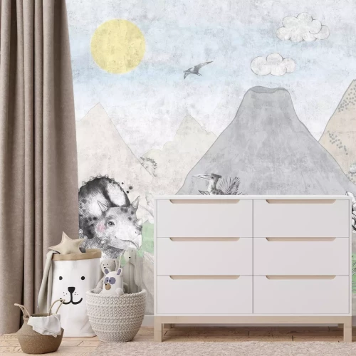 Fotobehang Dinosaurussen en een tropisch landschap met vulkanen