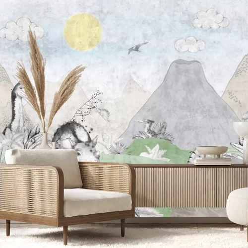 Fotobehang Dinosaurussen en een tropisch landschap met vulkanen