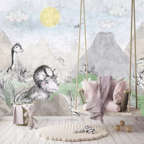 Fotobehang Dinosaurussen en een tropisch landschap met vulkanen