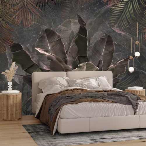 Fotobehang 3D bananenbomen en palmbladeren op een donkere betonnen achtergrond