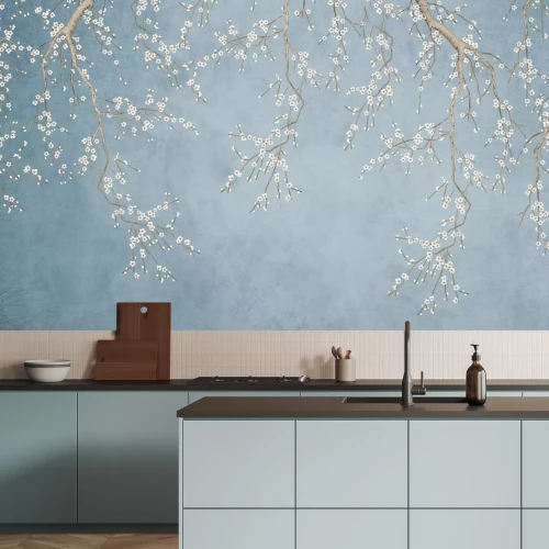 Fotobehang Witte bloemen op de takken van de bomen