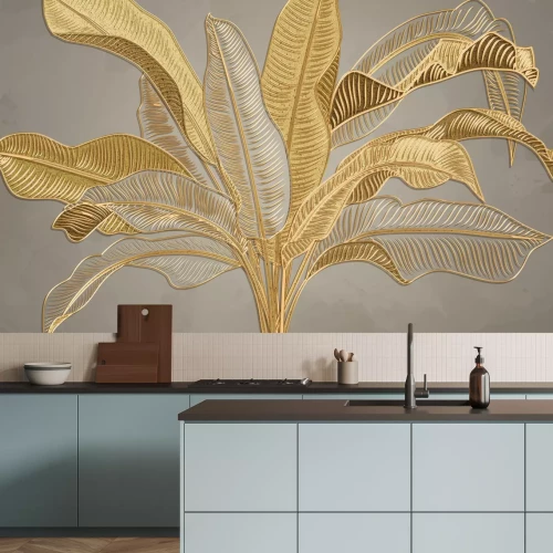 Fotobehang Tropische gouden bananenbladeren 3D