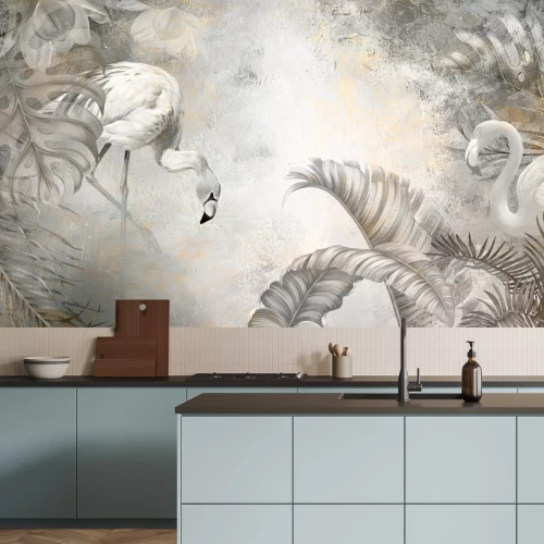 Fotobehang Flamingo&#39;s en tropische grijze bladeren op een gestructureerde achtergrond