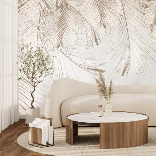 Fotobehang Palmbladeren in witte en beige kleuren op een betonnen achtergrond