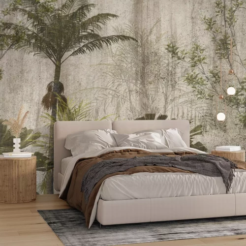 Fotobehang Palmbomen op een gestructureerde achtergrond met betoneffect