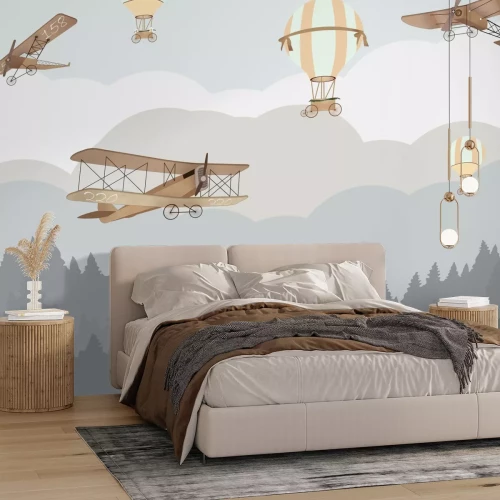 Fotobehang Sprookjeslandschap met ballonnen en vliegtuigen voor kinderen