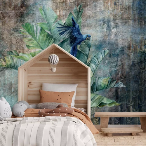 Fotobehang Blauwe papegaai op bananenbladeren