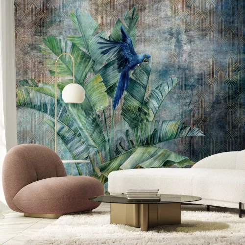 Fotobehang Blauwe papegaai op bananenbladeren