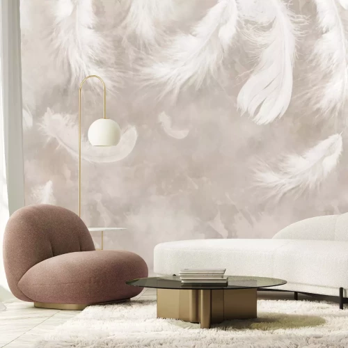 Fotobehang Witte veren op een beige achtergrond in aquarel