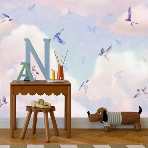 Fotobehang Vogels tegen een pastelkleurige lucht met wolken