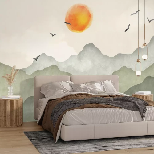 Fotobehang Zonsopgang en vogels tegen een aquarellandschapsachtergrond