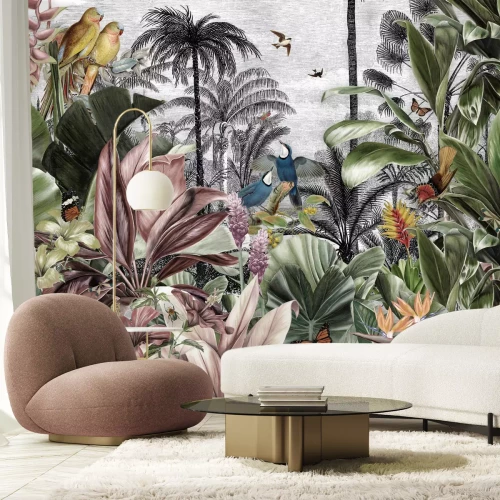 Fotobehang Kleurrijke tropische planten en vogels in de jungle