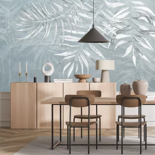 Fotobehang Botanisch patroon van witte en grijze palmbladeren