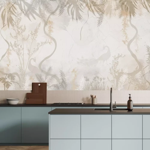 Fotobehang Vogels in een mistig tropisch junglelandschap