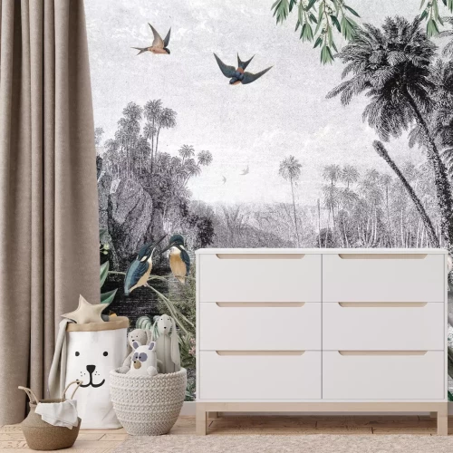 Fotobehang Tropisch landschap met vogels in de jungle