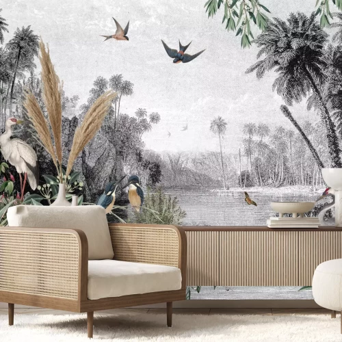 Fotobehang Tropisch landschap met vogels in de jungle