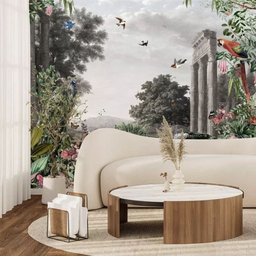 Fotobehang Tropische planten en vogels tegen de achtergrond van architectuur