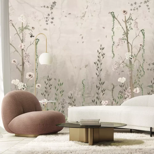 Fotobehang Groene planten en bloemen in vintage stijl