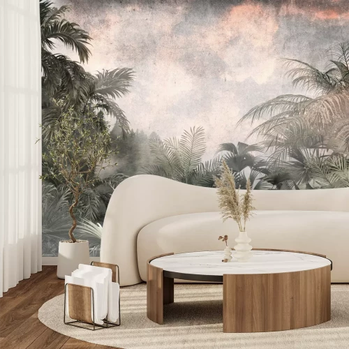 Fotobehang Tropische planten tegen een gestructureerde luchtachtergrond