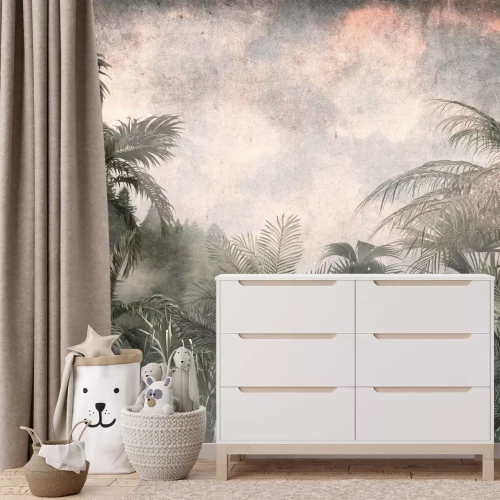 Fotobehang Tropische planten tegen een gestructureerde luchtachtergrond