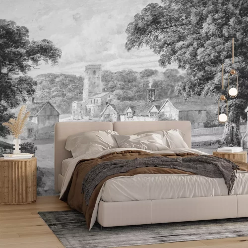 Fotobehang Zwart-wit landelijk landschap met een nederzetting