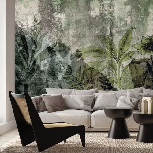 Fotobehang Botanische abstractie op groen beton