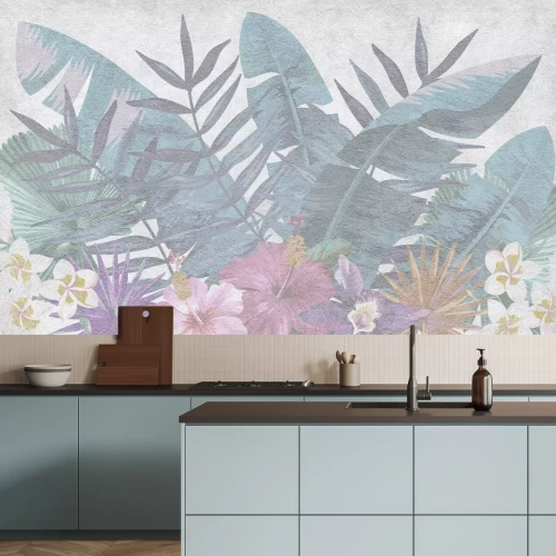 Fotobehang Exotische bloemen en groene bladeren