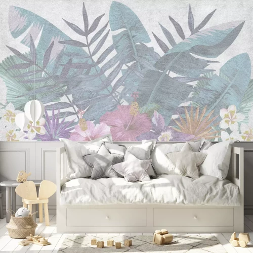 Fotobehang Exotische bloemen en groene bladeren