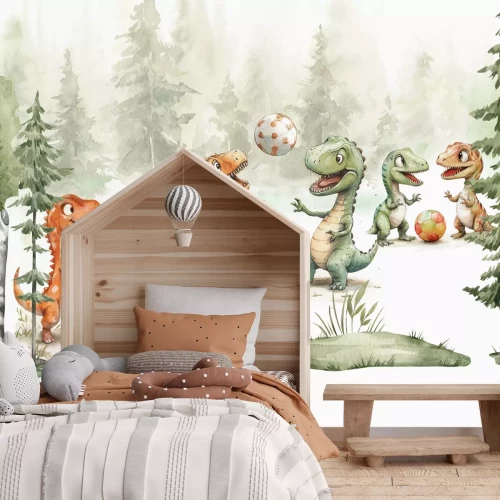 Fotobehang Dinosaurussen met een bal in een aquarelbos