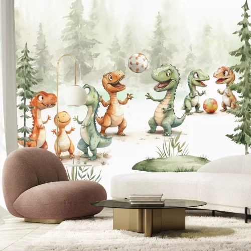 Fotobehang Dinosaurussen met een bal in een aquarelbos