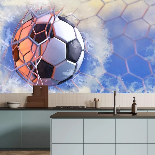 Fotobehang Een bal in het net op een blauwe achtergrond