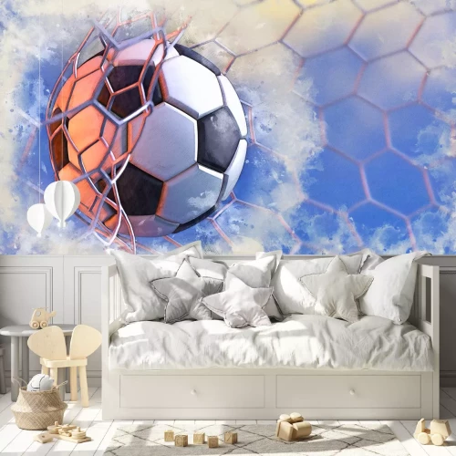 Fotobehang Een bal in het net op een blauwe achtergrond