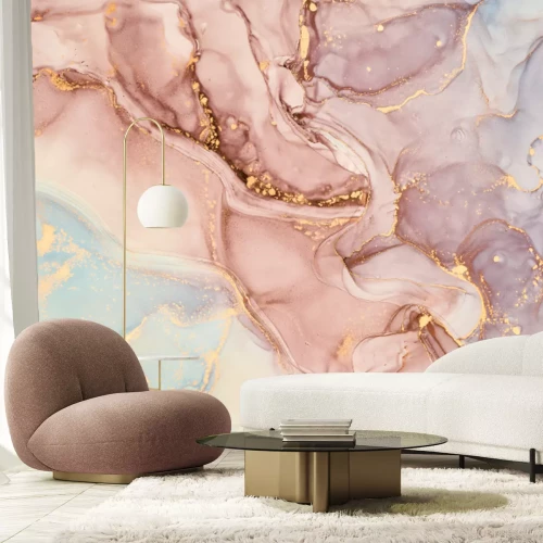 Fotobehang Roze marmer met gouden versieringen abstract