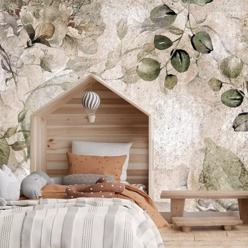 Fotobehang Vintage patroon met eucalyptustakken en bloemen