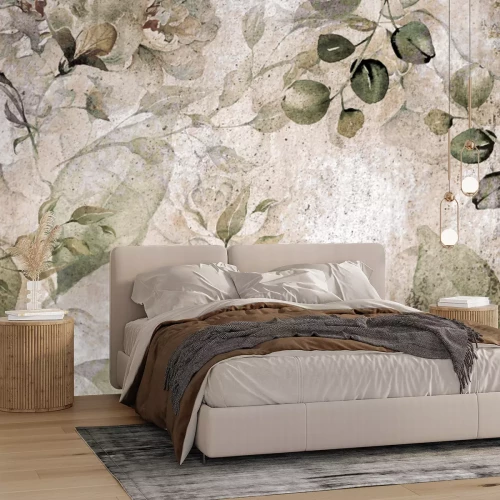 Fotobehang Vintage patroon met eucalyptustakken en bloemen