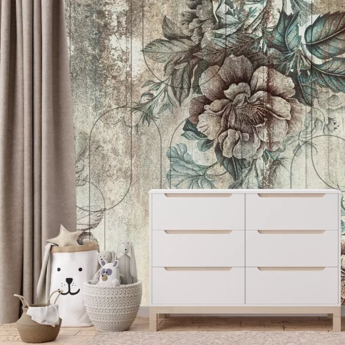 Fotobehang Vintage patroon met bloemen en geometrie