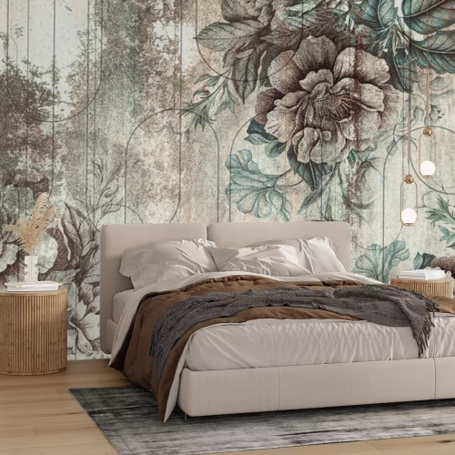 Fotobehang Vintage patroon met bloemen en geometrie