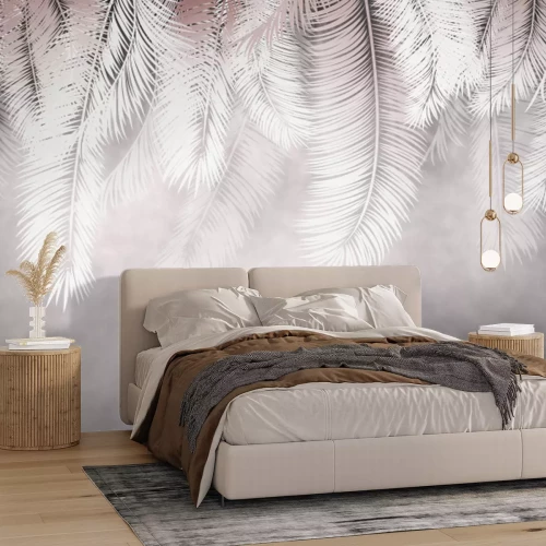 Fotobehang Een compositie met veren op een lichtgrijze achtergrond