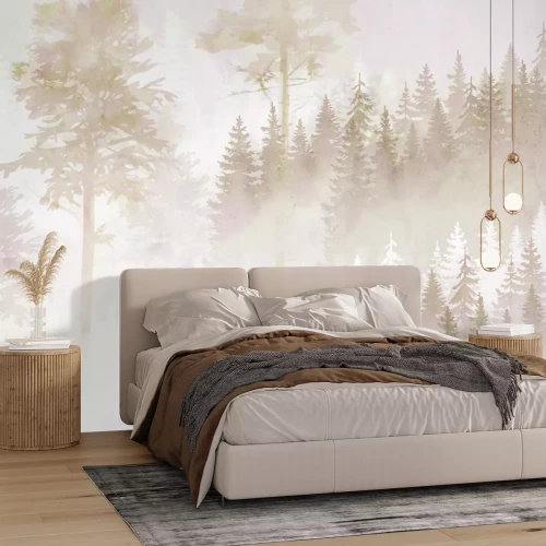 Fotobehang Mistige boscompositie in beige kleuren