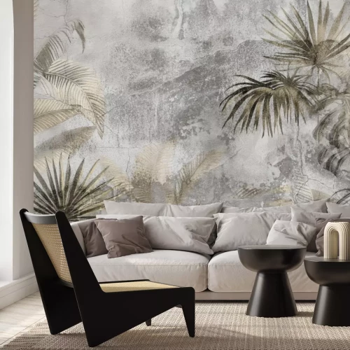 Fotobehang Tropische compositie van palm- en bananenbomen op een gestructureerde achtergrond