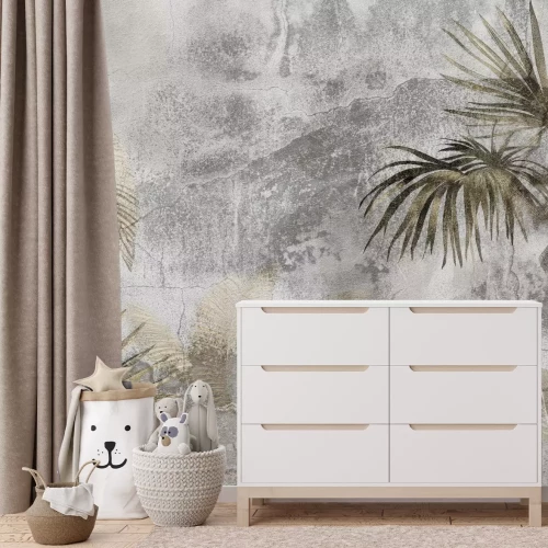 Fotobehang Tropische compositie van palm- en bananenbomen op een gestructureerde achtergrond