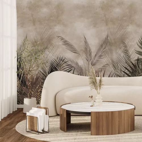 Fotobehang Tropische compositie met palmbladeren op een beige achtergrond