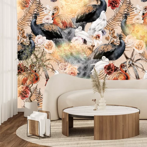 Fotobehang Een compositie met vogels tussen ornamenten en bloemen