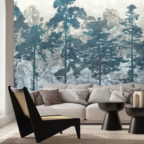 Fotobehang Blauwe bos abstracte compositie met bomen