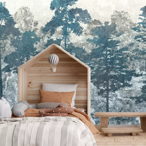 Fotobehang Blauwe bos abstracte compositie met bomen