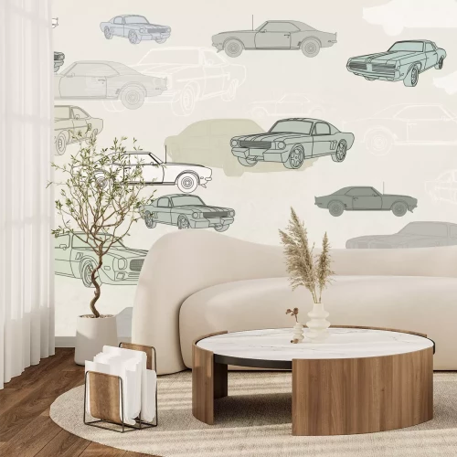 Fotobehang Retro auto&#39;s in tinten groen