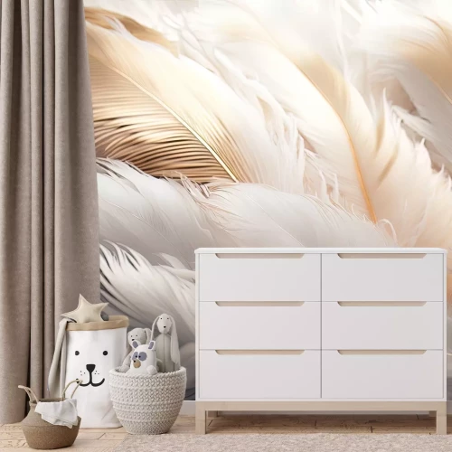 Fotobehang Een subtiele compositie van witte en gouden veren