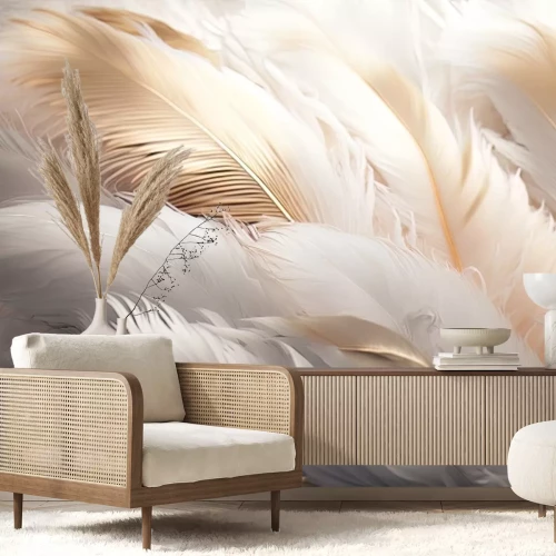 Fotobehang Een subtiele compositie van witte en gouden veren